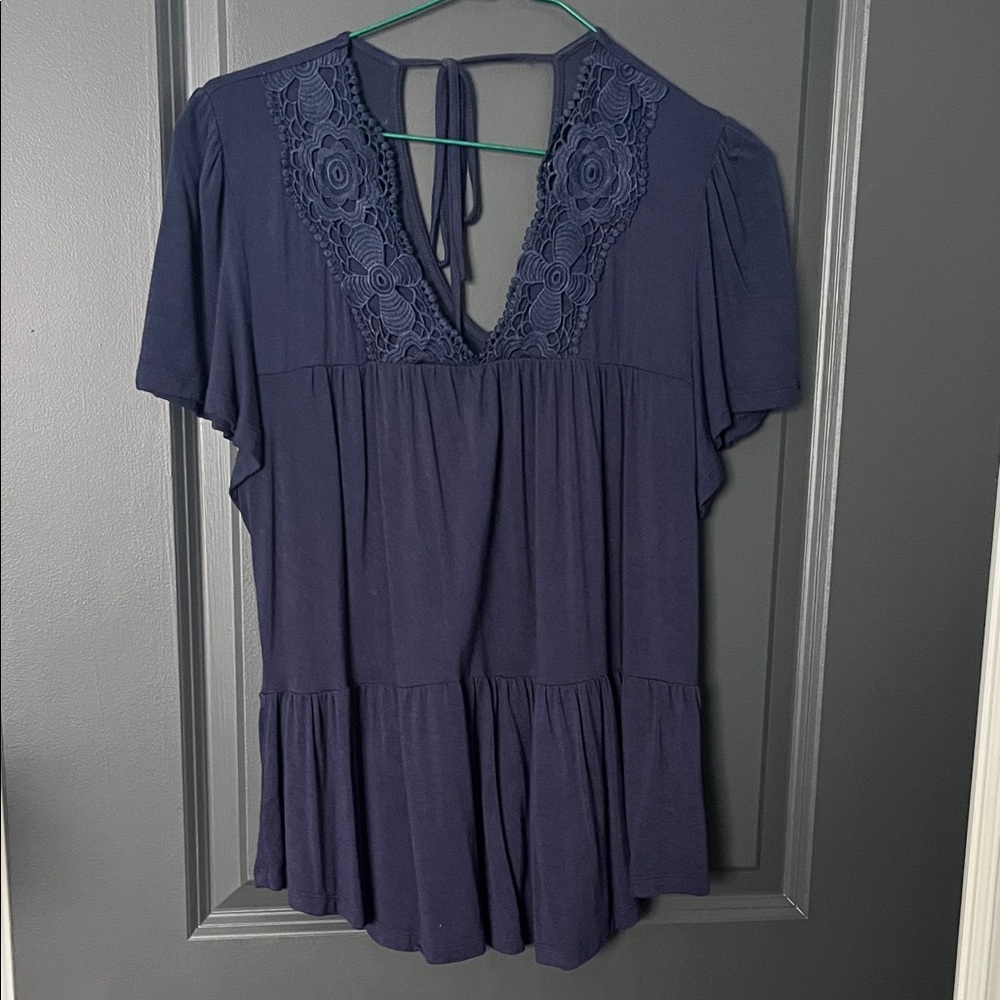 Elegant Navy Blue Lace Trim Top